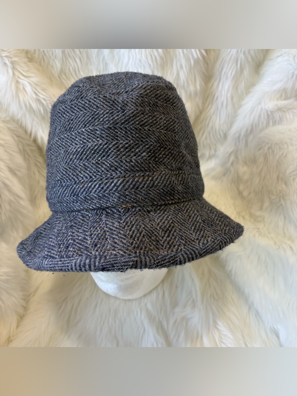Vintage USA made Fedora Hat Large Herringbone Charcoal Gray